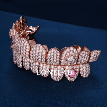 Custom S925 Silver Rose Gold Plated Top & Bottom 8 VVS Pink Moissanite Diamond Perm cut Honeycomb Setting Horizontal Straight Teeth Grillz