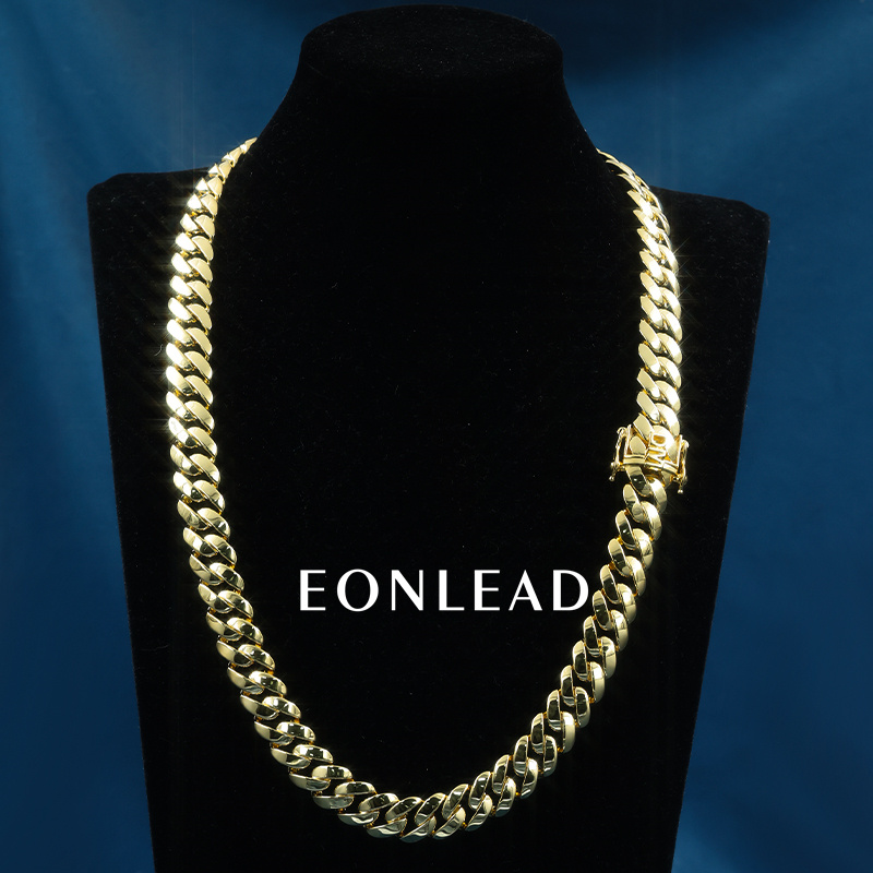 Custom 15mm 26inches S925 Solid Silver Yellow Gold Plated Miami Cuban Link Chain Necklace