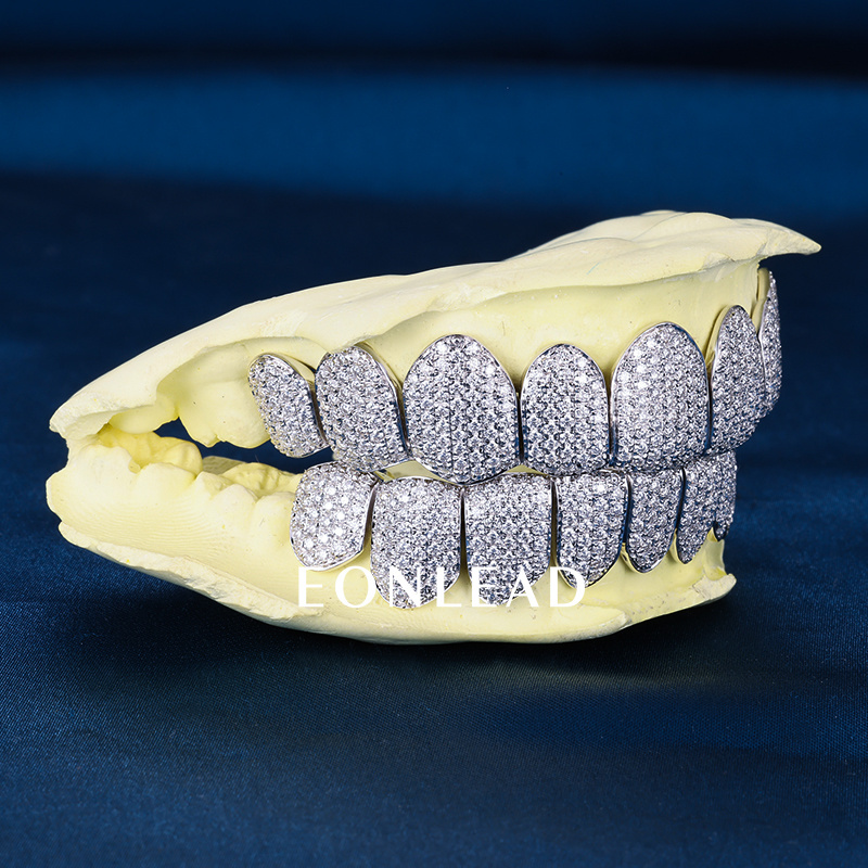 Custom Top & Bottom 10  S925 Silver White Gold Plated VVS Moissanite Diamond Iced out Teeth Grillz