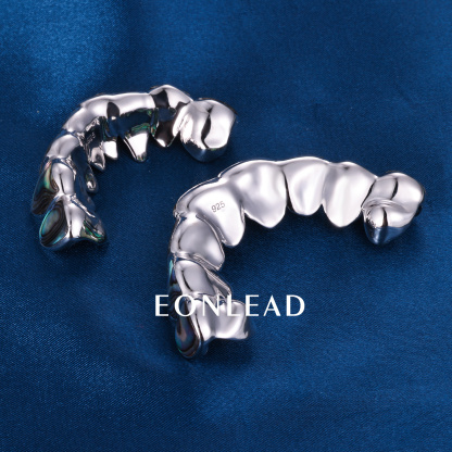 Custom Top & Bottom 8  S925 Silver White Gold Plated Abalone Teeth Grillz