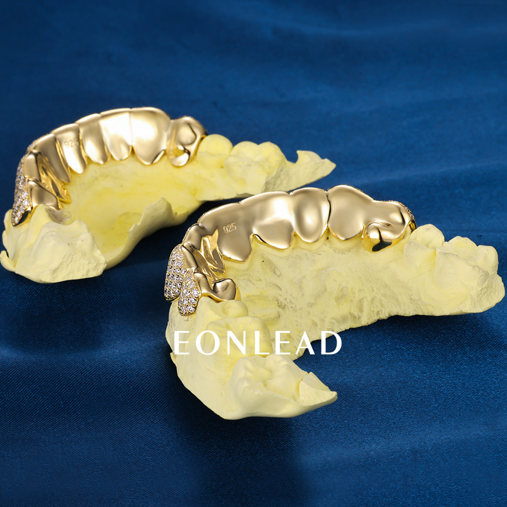 Custom Top & Bottom 8 S925 Silver Yellow Gold Plated VVS Moissanite Diamond Perm Cut Honeycomb Setting Teeth Grillz