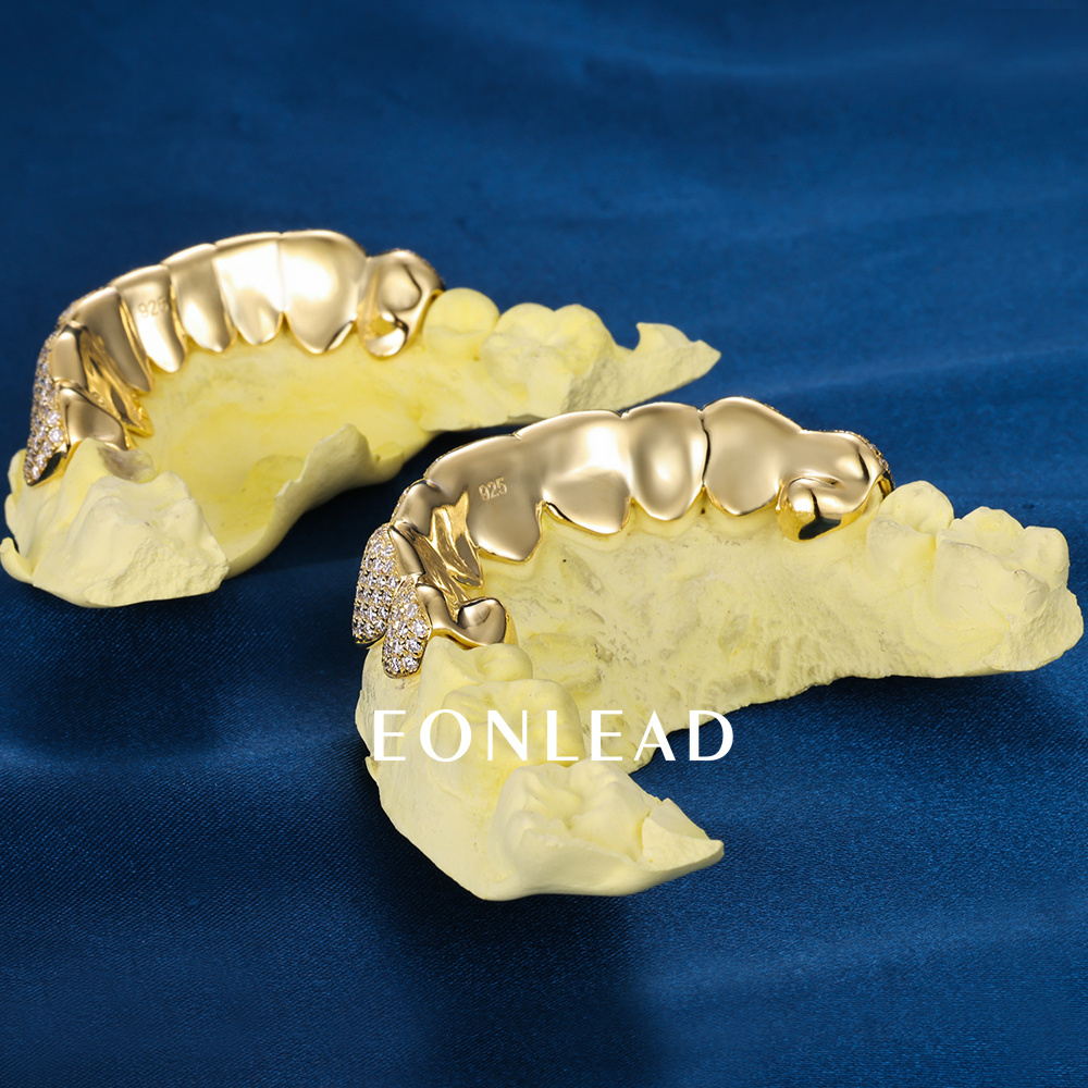 Custom Top & Bottom 8 S925 Silver Yellow Gold Plated VVS Moissanite Diamond Perm Cut Honeycomb Setting Teeth Grillz