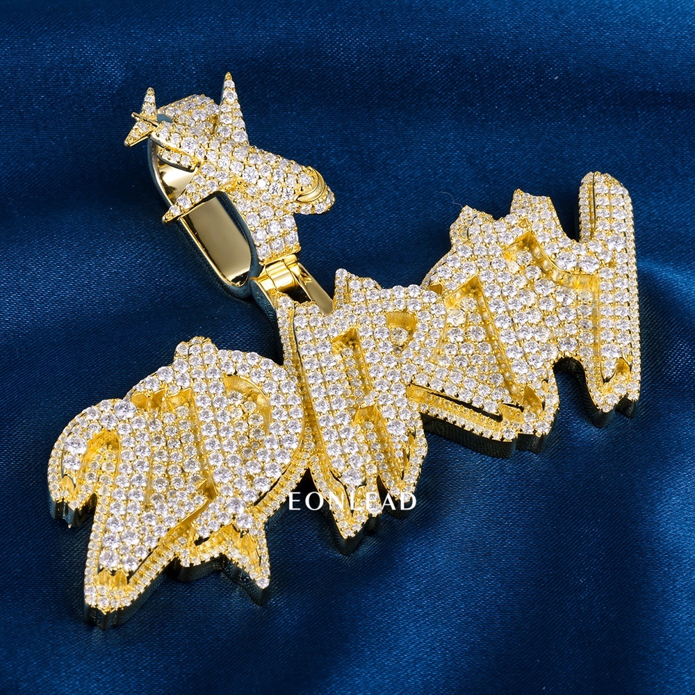 CustomGold Plated Full Iced VVS Moissanite Drip Script Pendant Airplane Shape Bail Hip Hop Personalized Letter Necklace