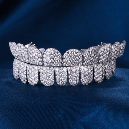 Custom S925 Silver Gold Plated Top & Bottom 10 VVS Moissanite Diamond Perm cut Honeycomb Setting Horizontal Straight Teeth Grillz