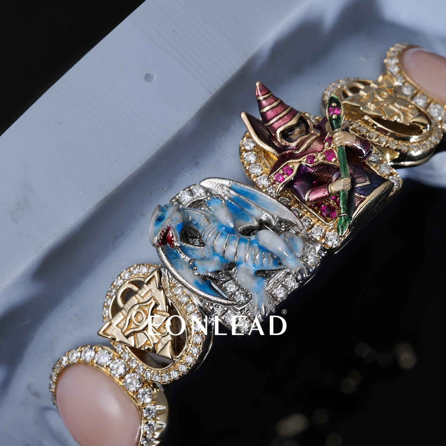 Custom Iced Out Yu-Gi-Oh Grillz Blue Eyes White Dragon & Dark Magician Diamond Teeth Grillz Pink Opal All Seeing Eye Gold Hip Hop Top Grillz For Men Women Halloween Jewelry
