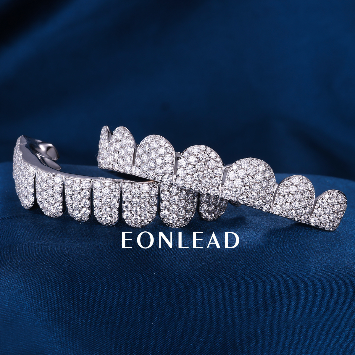 Custom S925 Silver Gold Plated Top & Bottom 10 VVS Moissanite Diamond Perm cut Honeycomb Setting Horizontal Straight Teeth Grillz