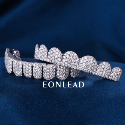 Custom S925 Silver Gold Plated Top & Bottom 10 VVS Moissanite Diamond Perm cut Honeycomb Setting Horizontal Straight Teeth Grillz