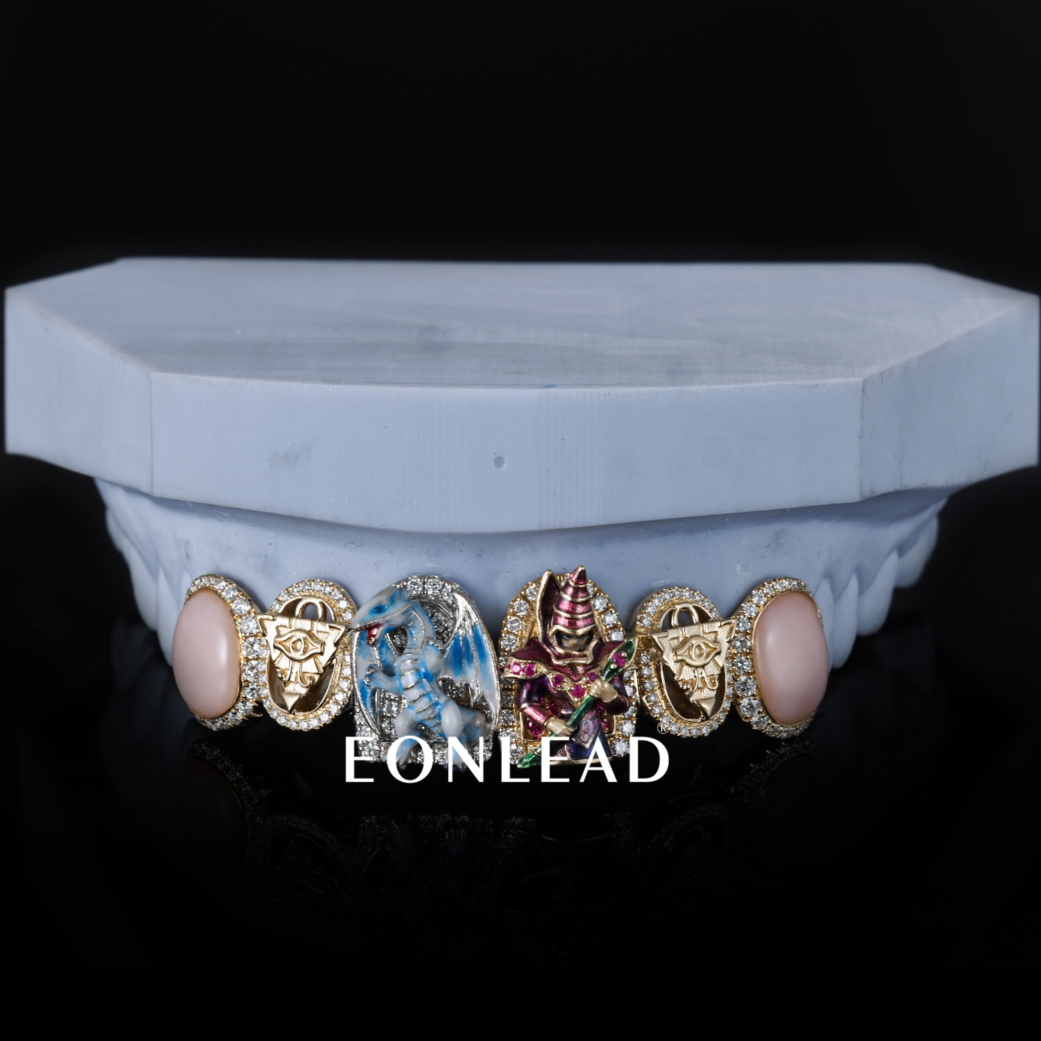 Custom Iced Out Yu-Gi-Oh Grillz Blue Eyes White Dragon & Dark Magician Diamond Teeth Grillz Pink Opal All Seeing Eye Gold Hip Hop Top Grillz For Men Women Halloween Jewelry