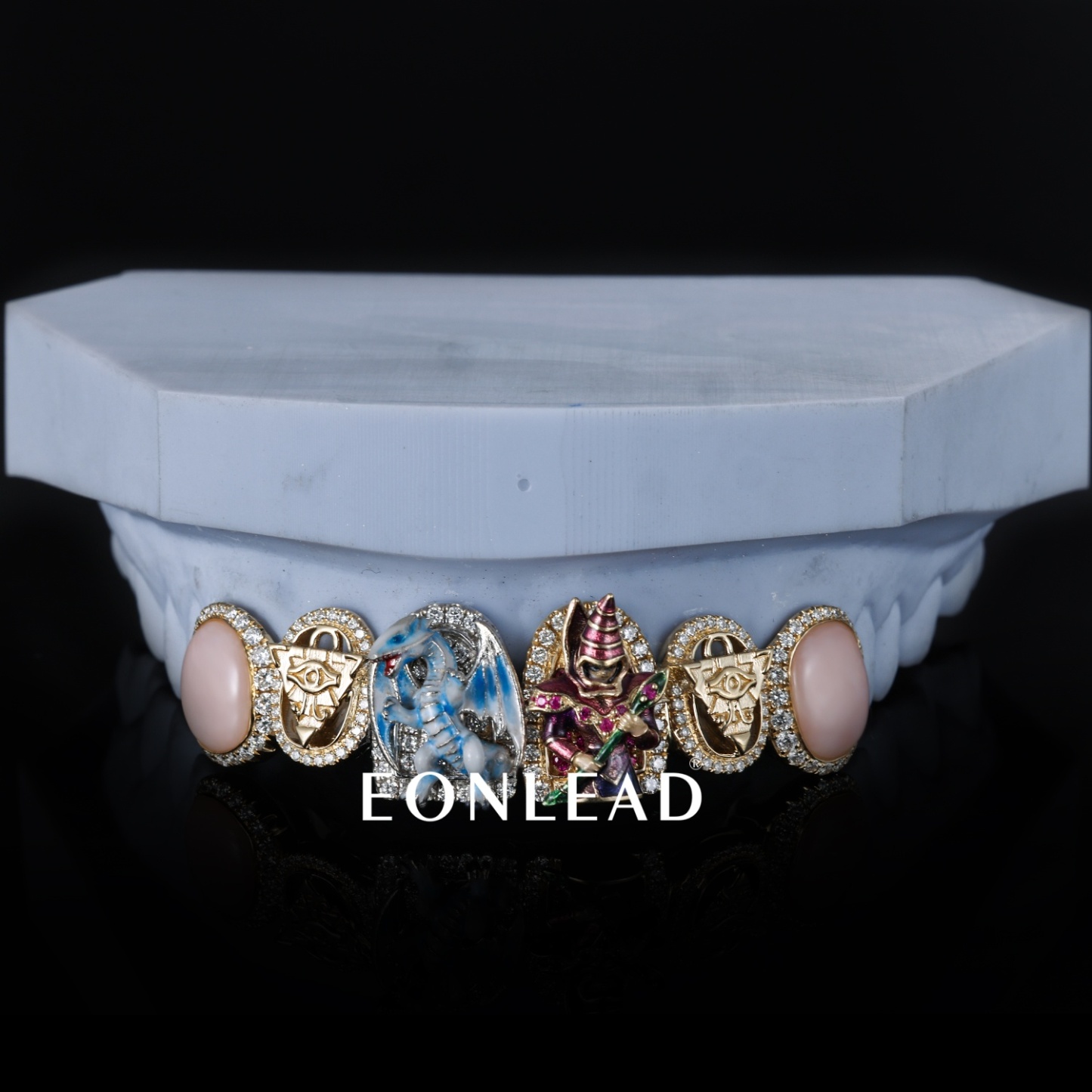 Custom Iced Out Yu-Gi-Oh Grillz Blue Eyes White Dragon & Dark Magician Diamond Teeth Grillz Pink Opal All Seeing Eye Gold Hip Hop Top Grillz For Men Women Halloween Jewelry