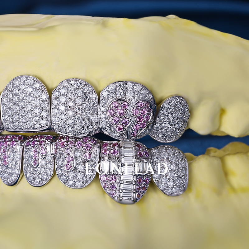 Custom S925 Silver Top & Bottom 2 - 10 VVS Moissanite Diamond Perm cut Baguette Cross heart shape Teeth Grillz for Men Women
