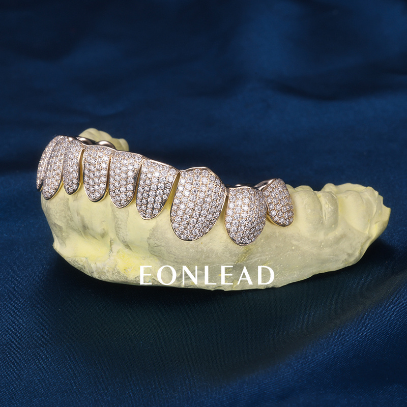 Custom S925 Silver Yellow Gold Plated Bottom 10 VVS Moissanite Diamond Perm cut Teeth Grillz for Men Women