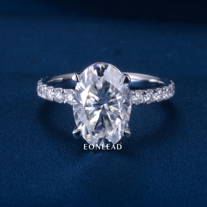 Custom 925 Silver Real Solid Gold Big Oval Lab Diamond Moissanite Wedding Ring Half Eternity Paved Band White Gold Plated Promise Anniversary Jewelry For Her