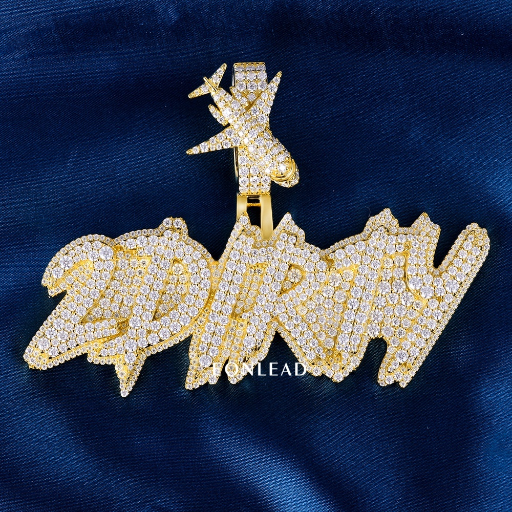 CustomGold Plated Full Iced VVS Moissanite Drip Script Pendant Airplane Shape Bail Hip Hop Personalized Letter Necklace
