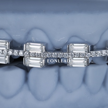 Custom Braces Style Grillz Full Paved Baguette VVS Moissanite Silver Iced Out Dental Teeth Grills Hip Hop Rapper Accessory