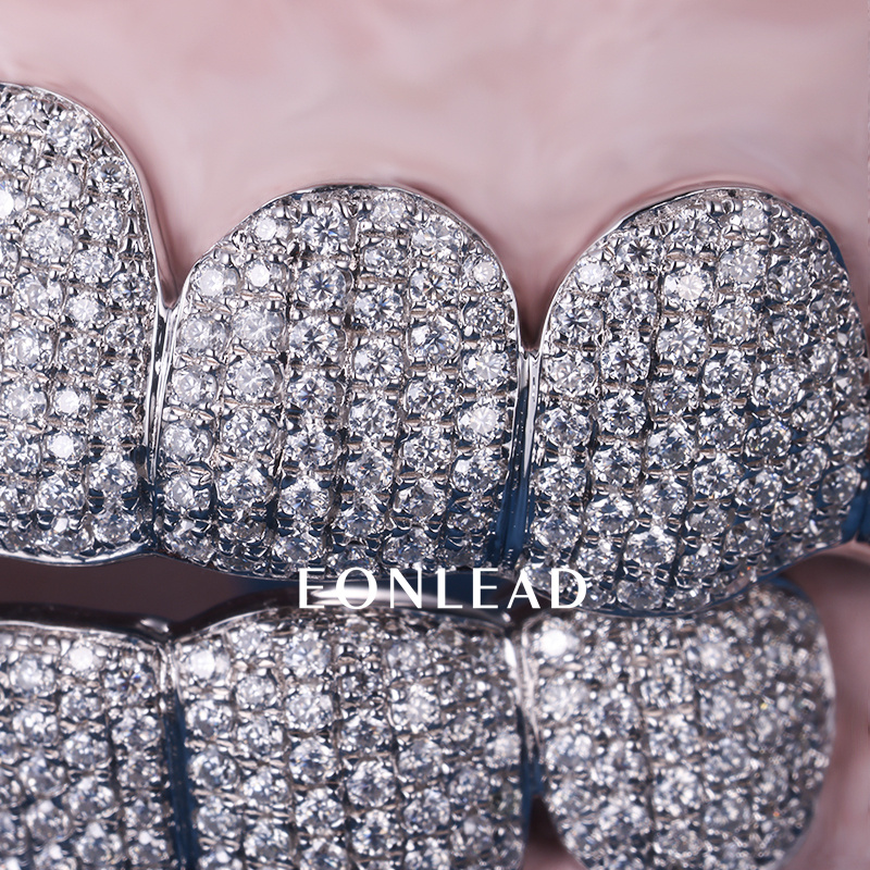 Custom S925 Silver White Gold Plated Top & Bottom 8 D VVS Moissanite Diamond Deep cut Iced Out Teeth Grillz for Men Women