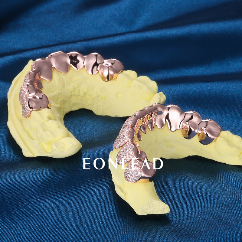 Custom S925 Silver Rose Gold Plated Top & Bottom 8 VVS Moissanite Diamond Perm cut Teeth Grillz for Men Women