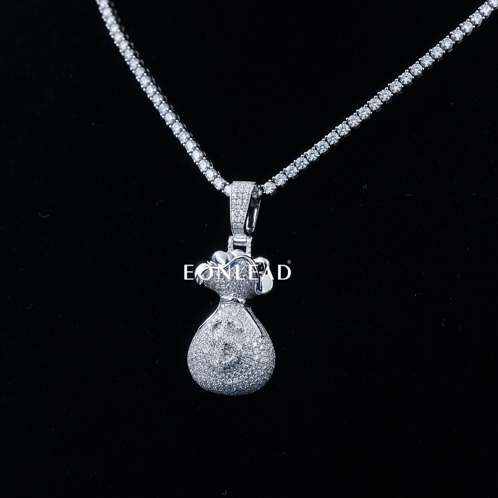 Handcrafted Heavy 3D Money Bag Pendant Full D VVS Moissanite Pave Embedded Dollar Symbol Silver Plated Luxury Hip Hop Wealth Jewelry