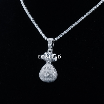 Handcrafted Heavy 3D Money Bag Pendant Full D VVS Moissanite Pave Embedded Dollar Symbol Silver Plated Luxury Hip Hop Wealth Jewelry