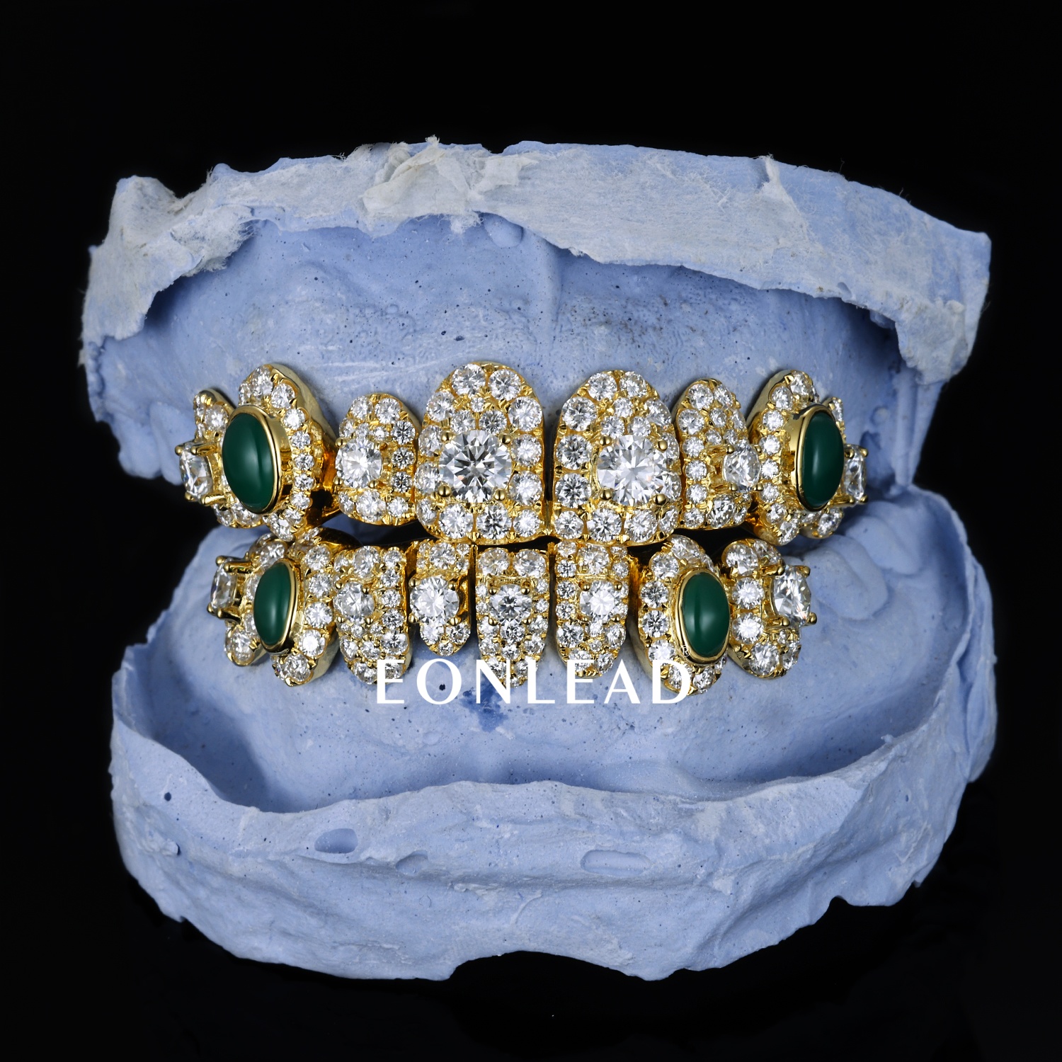 Custom Gold Plated Full Top & Bottom Grillz Oval Jade Inlay Fully Iced Round Moissanite Lab Diamond Micro Pave Teeth Grills Vintage Hip Hop Custom Rapper Jewelry