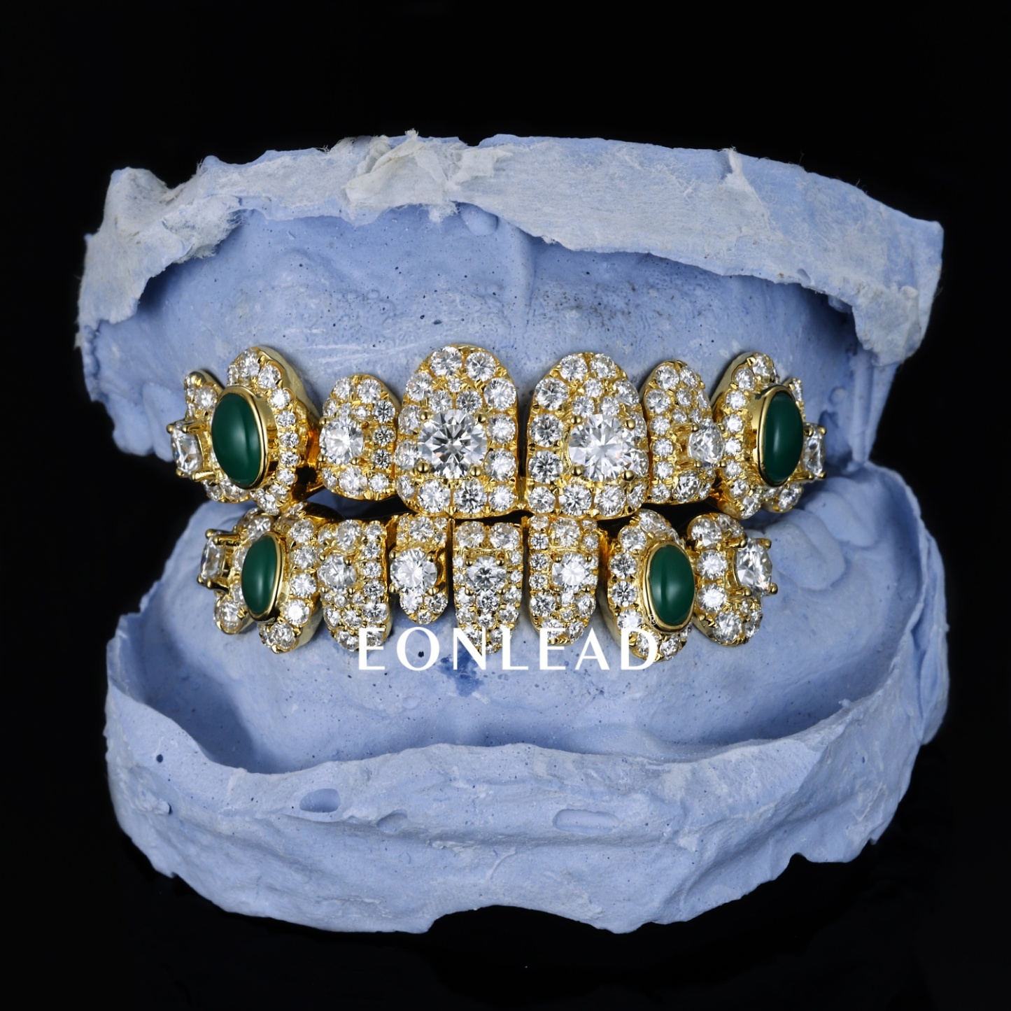 Custom Gold Plated Full Top & Bottom Grillz Oval Jade Inlay Fully Iced Round Moissanite Lab Diamond Micro Pave Teeth Grills Vintage Hip Hop Custom Rapper Jewelry