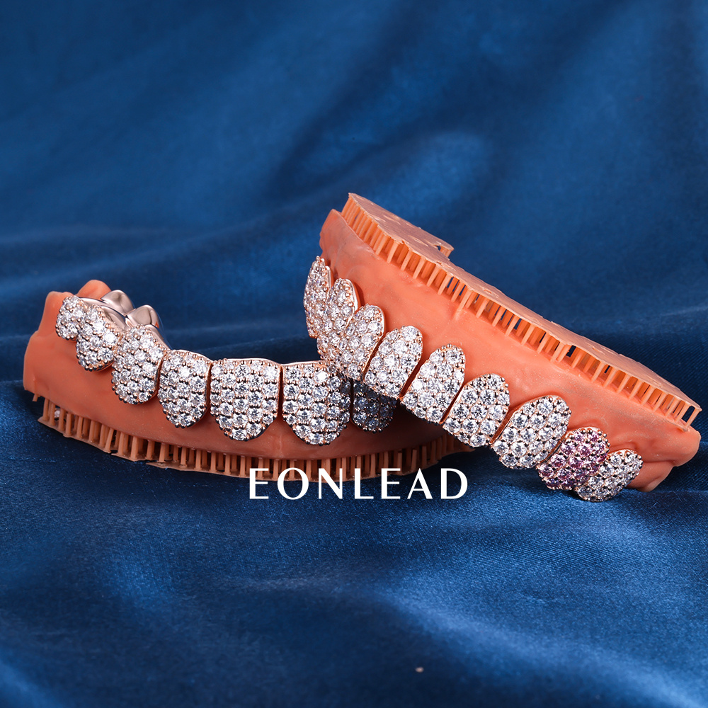 Custom S925 Silver White Gold Plated Top & Bottom 2 - 10 Round cut D VVS Moissanite Diamond Iced Out Blue Flame Teeth Grillz for Men Women