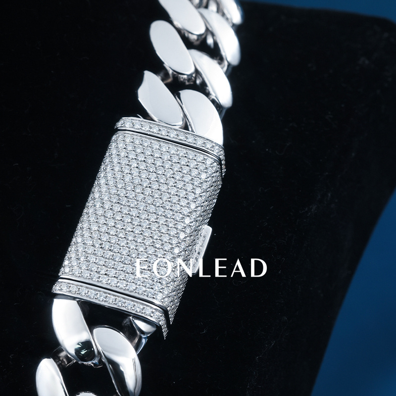 Custom 24mm 6-26inches S925 Silver White Gold Plated D VVS Moissanite Diamond Lock Cuban Chain Bracelet Necklace