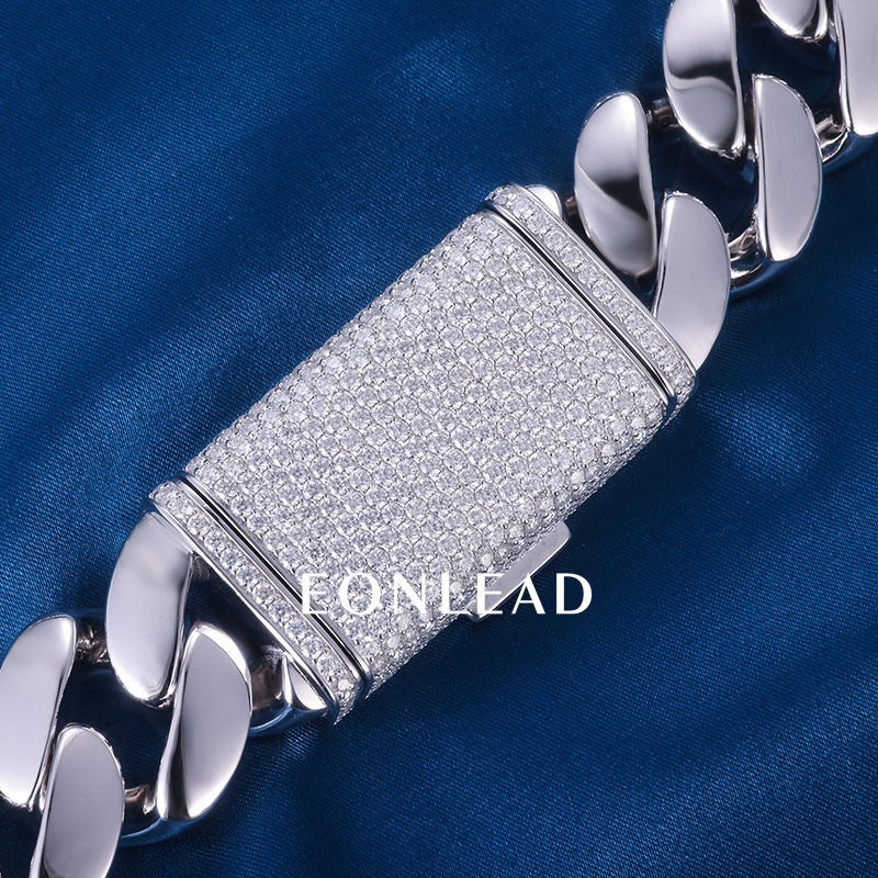 Custom 24mm 6-26inches S925 Silver White Gold Plated D VVS Moissanite Diamond Lock Cuban Chain Bracelet Necklace
