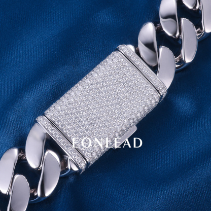 Custom 24mm 6-26inches S925 Silver White Gold Plated D VVS Moissanite Diamond Lock Cuban Chain Bracelet Necklace