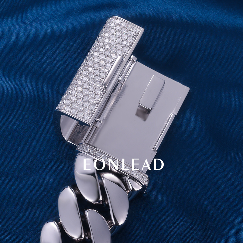 Custom 24mm 6-26inches S925 Silver White Gold Plated D VVS Moissanite Diamond Lock Cuban Chain Bracelet Necklace