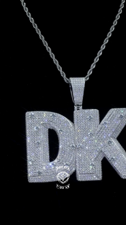 CUSTOM 4INCHES S925 SILVER ICED OUT D VVS MOISSANITE DIAMOND “DK” LETTER RAPPER HIP HOP PENDANT 