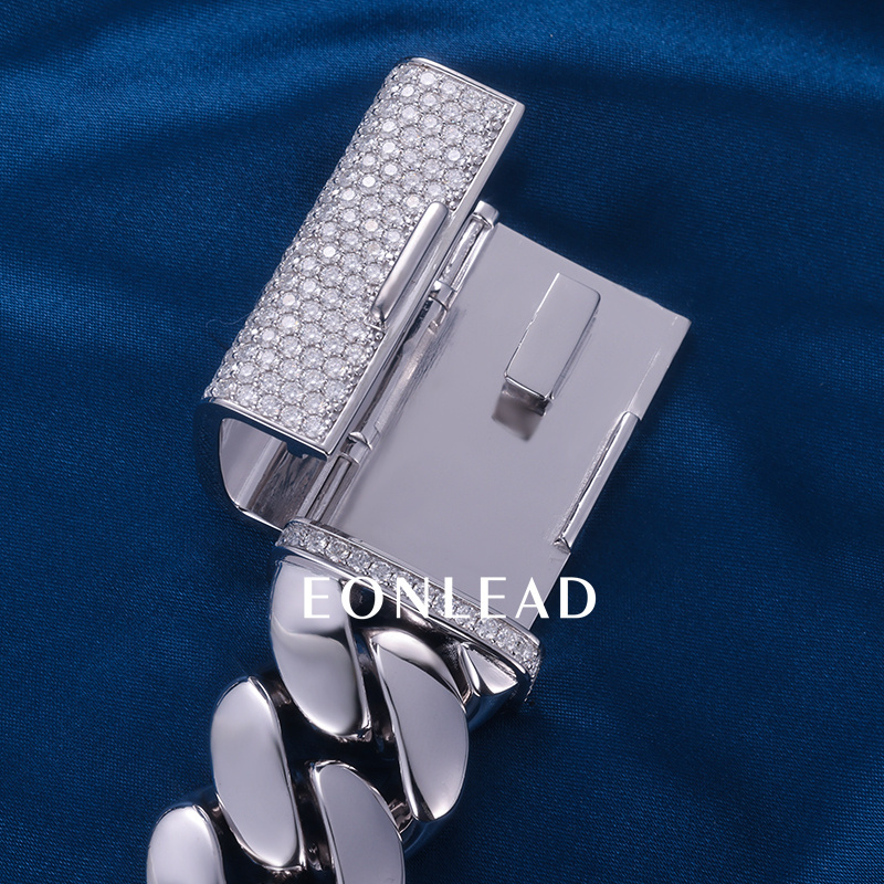 Custom 24mm 6-26inches S925 Silver White Gold Plated D VVS Moissanite Diamond Lock Cuban Chain Bracelet Necklace