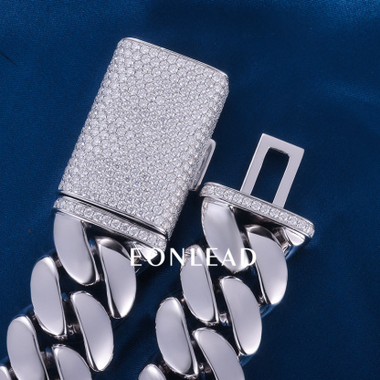 Custom 24mm 6-26inches S925 Silver White Gold Plated D VVS Moissanite Diamond Lock Cuban Chain Bracelet Necklace