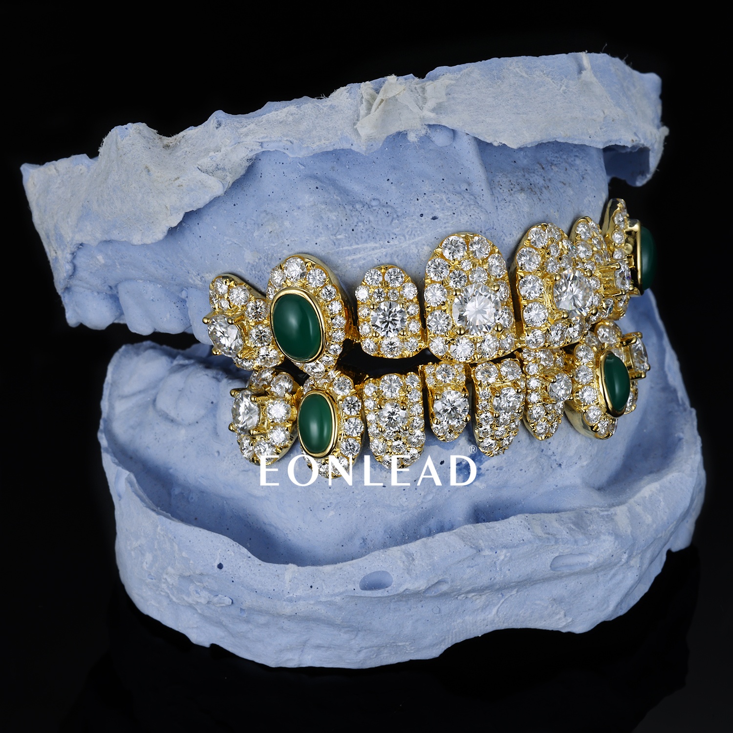 Custom Gold Plated Full Top & Bottom Grillz Oval Jade Inlay Fully Iced Round Moissanite Lab Diamond Micro Pave Teeth Grills Vintage Hip Hop Custom Rapper Jewelry