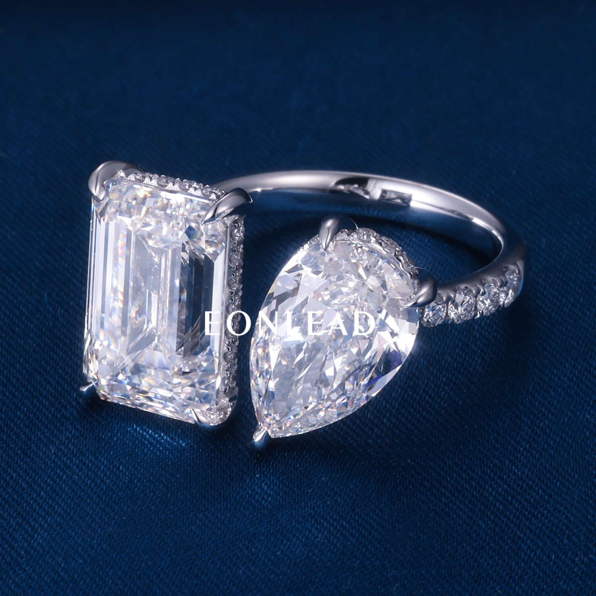 CustomTwo Stone Engagement Ring Emerald Cut & Pear Cut Moissanite Lab Diamond White Gold Paved Band Large Double Gemstone Wedding Promise Ring For Women Luxury Bridal Jewelry