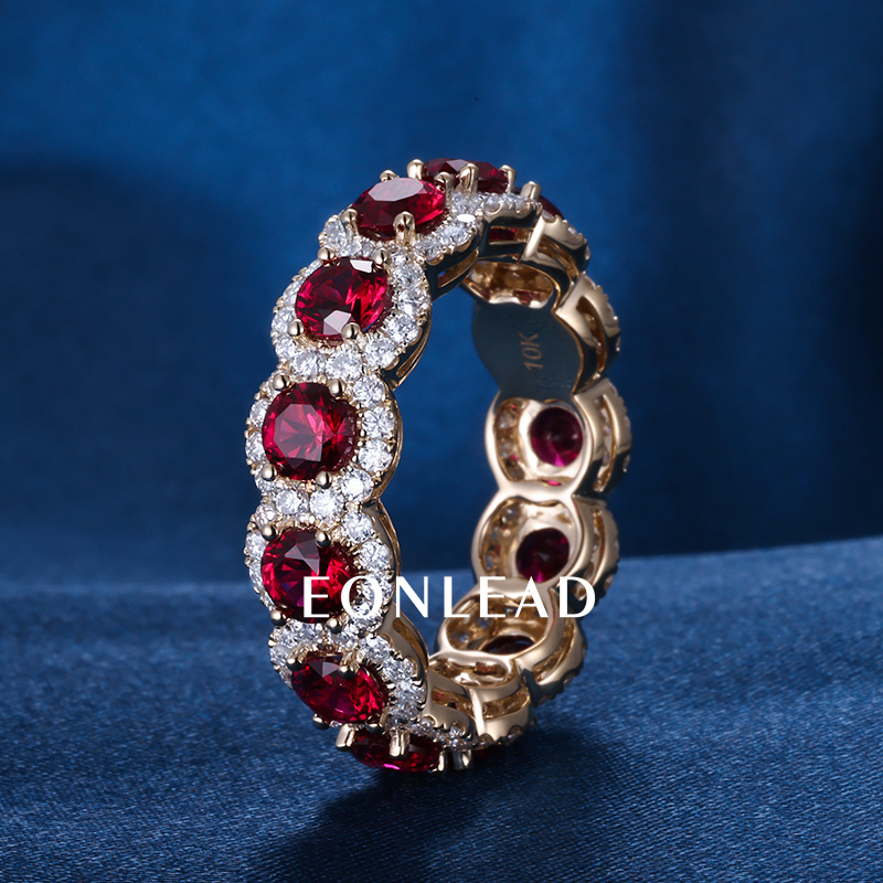 Custom Women S925 Silver 9K 10K 14K 18K Solid Gold 4MM Lab Ruby with D VVS Round cut Moissanite Diamond Wedding Band Ring