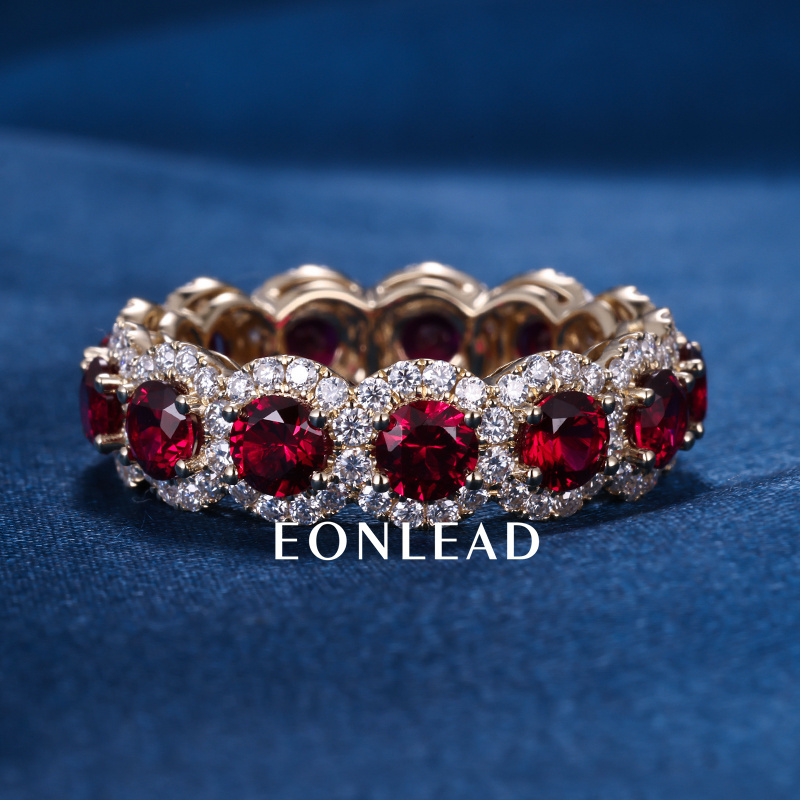 Custom Women S925 Silver 9K 10K 14K 18K Solid Gold 4MM Lab Ruby with D VVS Round cut Moissanite Diamond Wedding Band Ring