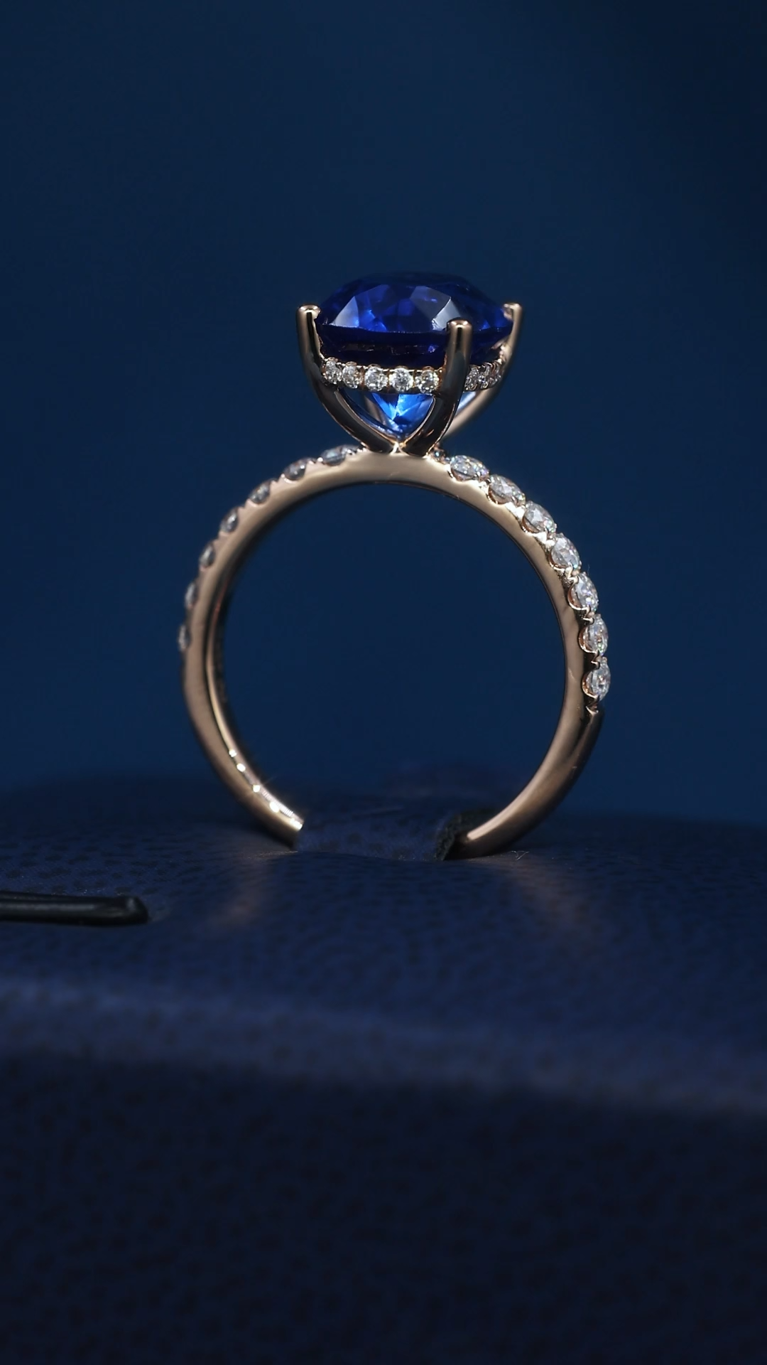 Oval Cut Lab Created Blue Sapphire Engagement Ring Rose Gold Plated Full Paved Lab Diamond Band Four Prong Large Blue Gemstone Wedding Promise Ring For Women Fine Jewelry