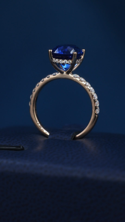 Oval Cut Lab Created Blue Sapphire Engagement Ring Rose Gold Plated Full Paved Lab Diamond Band Four Prong Large Blue Gemstone Wedding Promise Ring For Women Fine Jewelry