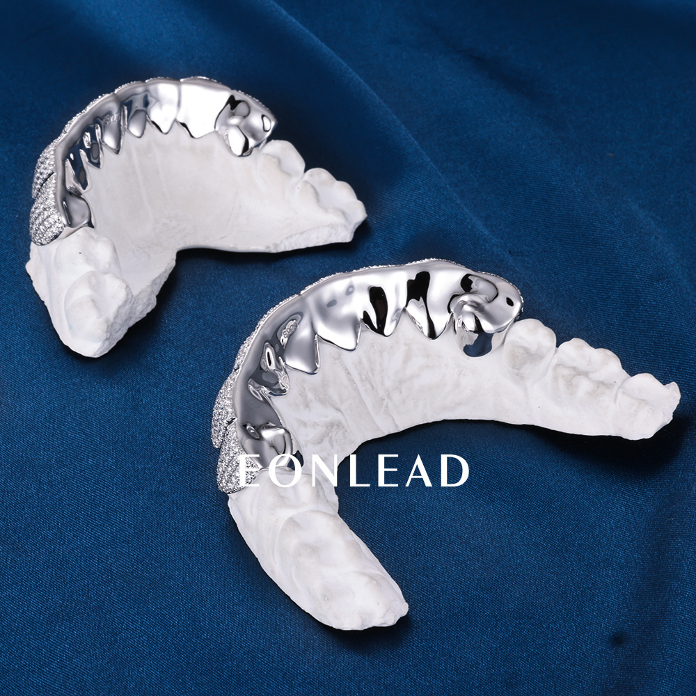 Custom Women Men Top & Bottom 8  S925 Silver White Gold Plated VVS Moissanite Diamond Straight Cut Teeth Grillz
