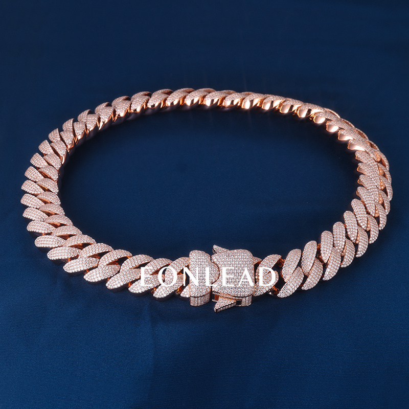 Custom 22mm 6-26inches S925 Silver Rose Gold Plated Round cut VVS Moissanite Diamond Cuban Chain Bracelet Necklace