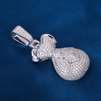 Handcrafted Heavy 3D Money Bag Pendant Full D VVS Moissanite Pave Embedded Dollar Symbol Silver Plated Luxury Hip Hop Wealth Jewelry