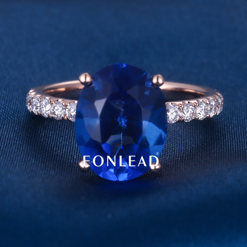 Oval Cut Lab Created Blue Sapphire Engagement Ring Rose Gold Plated Full Paved Lab Diamond Band Four Prong Large Blue Gemstone Wedding Promise Ring For Women Fine Jewelry