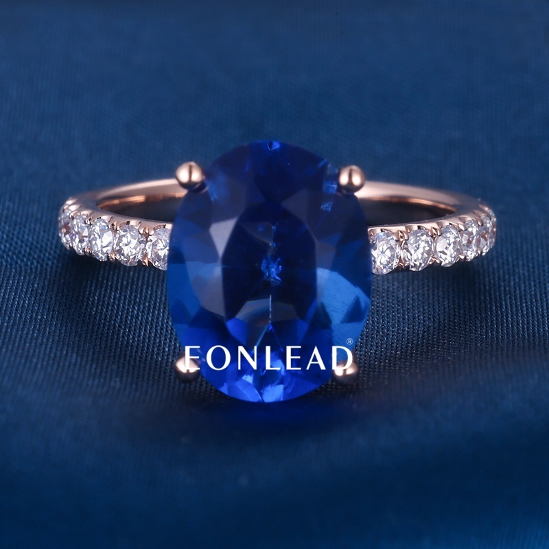 Oval Cut Lab Created Blue Sapphire Engagement Ring Rose Gold Plated Full Paved Lab Diamond Band Four Prong Large Blue Gemstone Wedding Promise Ring For Women Fine Jewelry