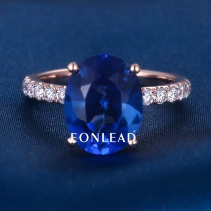 Oval Cut Lab Created Blue Sapphire Engagement Ring Rose Gold Plated Full Paved Lab Diamond Band Four Prong Large Blue Gemstone Wedding Promise Ring For Women Fine Jewelry