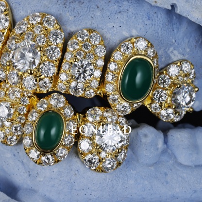 Custom Gold Plated Full Top & Bottom Grillz Oval Jade Inlay Fully Iced Round Moissanite Lab Diamond Micro Pave Teeth Grills Vintage Hip Hop Custom Rapper Jewelry