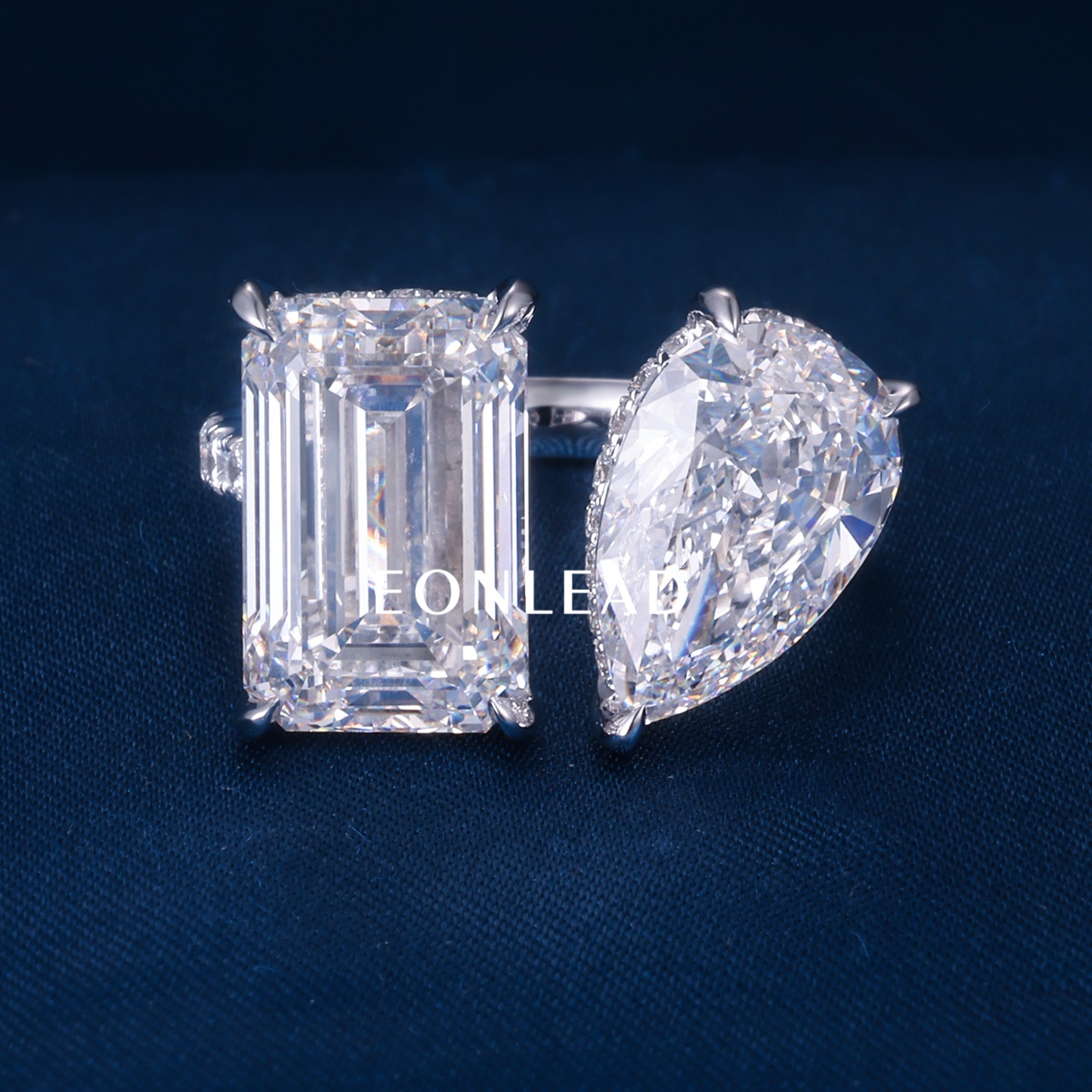CustomTwo Stone Engagement Ring Emerald Cut & Pear Cut Moissanite Lab Diamond White Gold Paved Band Large Double Gemstone Wedding Promise Ring For Women Luxury Bridal Jewelry