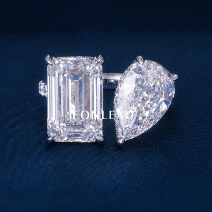 CustomTwo Stone Engagement Ring Emerald Cut & Pear Cut Moissanite Lab Diamond White Gold Paved Band Large Double Gemstone Wedding Promise Ring For Women Luxury Bridal Jewelry