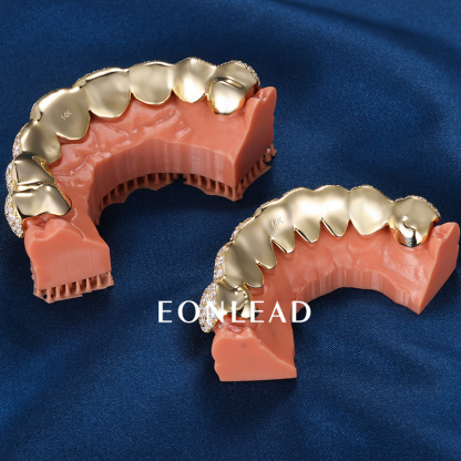 Custom S925 Silver Yellow Gold Plated Top & Bottom 10 VVS Moissanite Diamond Perm cut Teeth Grillz for Men Women