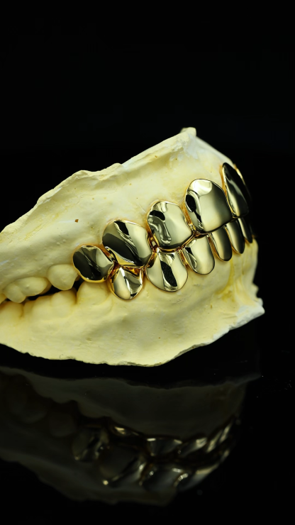 Custom Fit 8 Top 8 Bottom Polished Solid Gold Grillz Handmade Plain Hip Hop Jewelry Gold Tooth Grillz