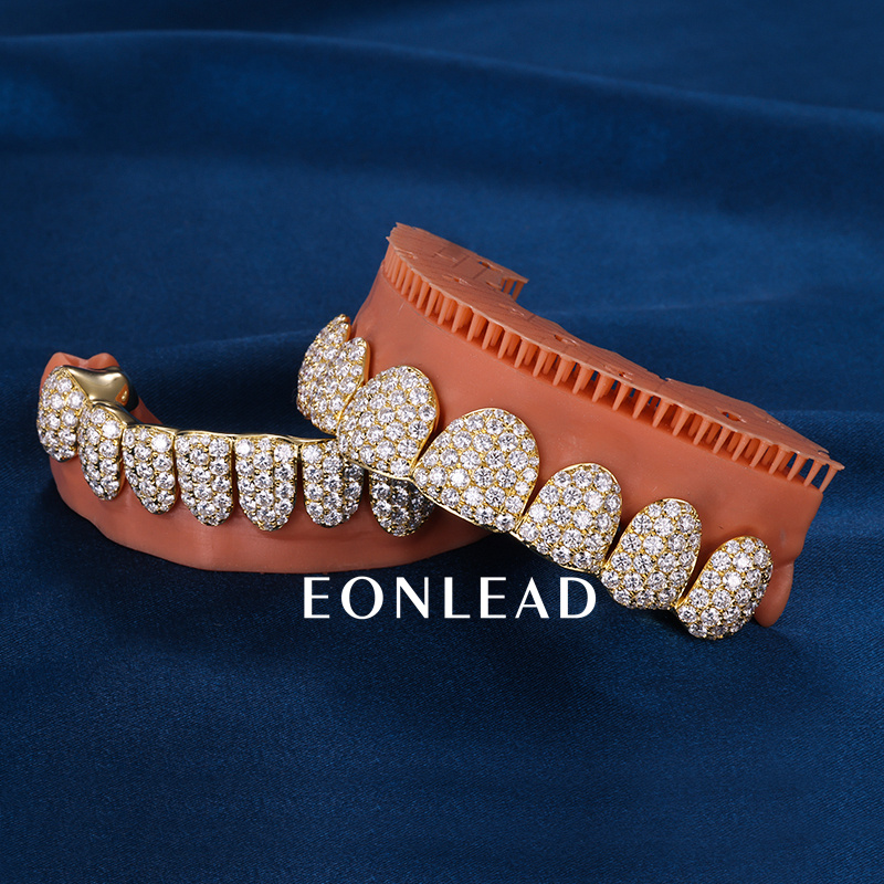 Custom S925 Silver Yellow Gold Plated Top & Bottom 10 VVS Moissanite Diamond Perm cut Teeth Grillz for Men Women